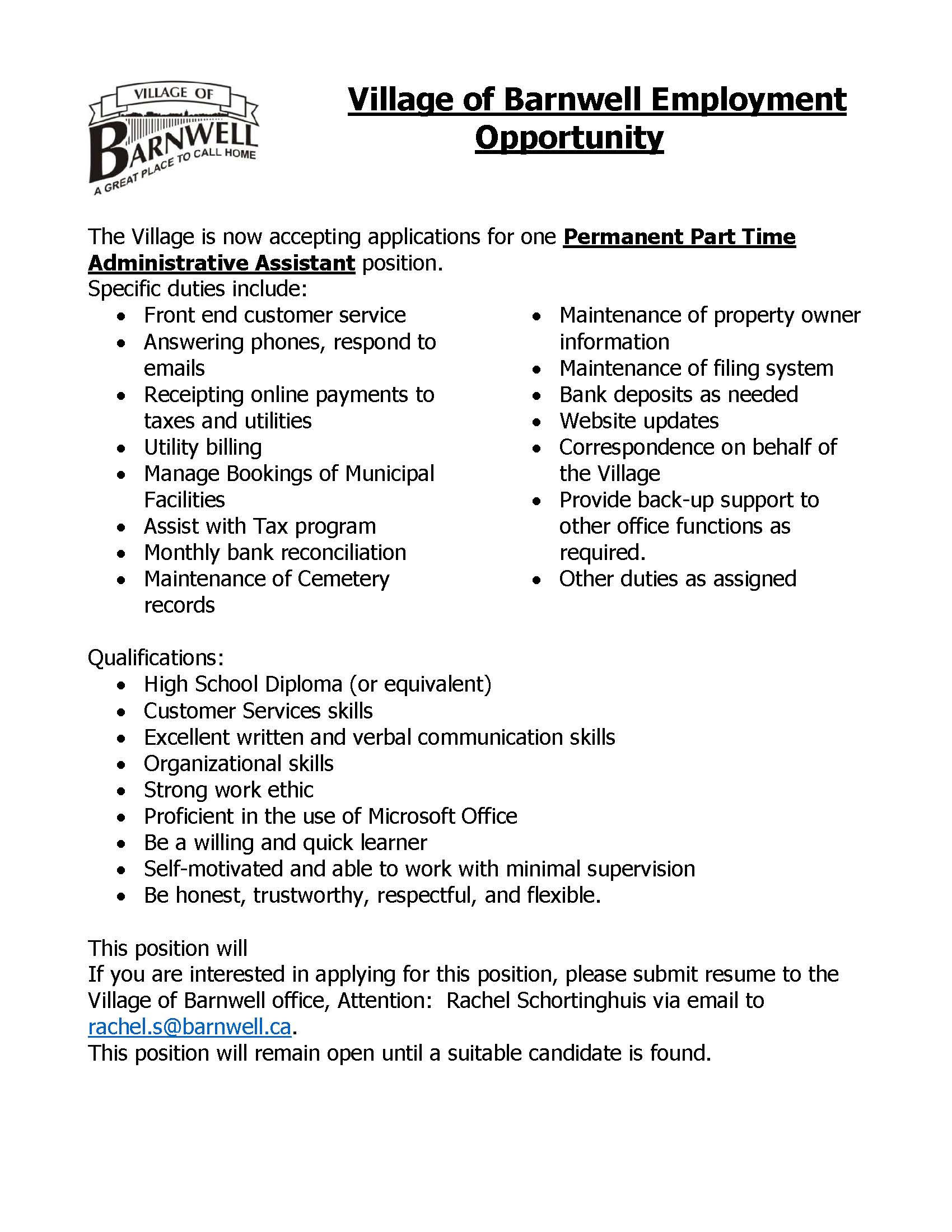 Job Opportunities — Village of Barnwell